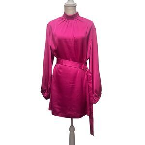 Ming Wang Mulberry Satin Belted Dress Mock Neck Long Sleeve Size Large NWT